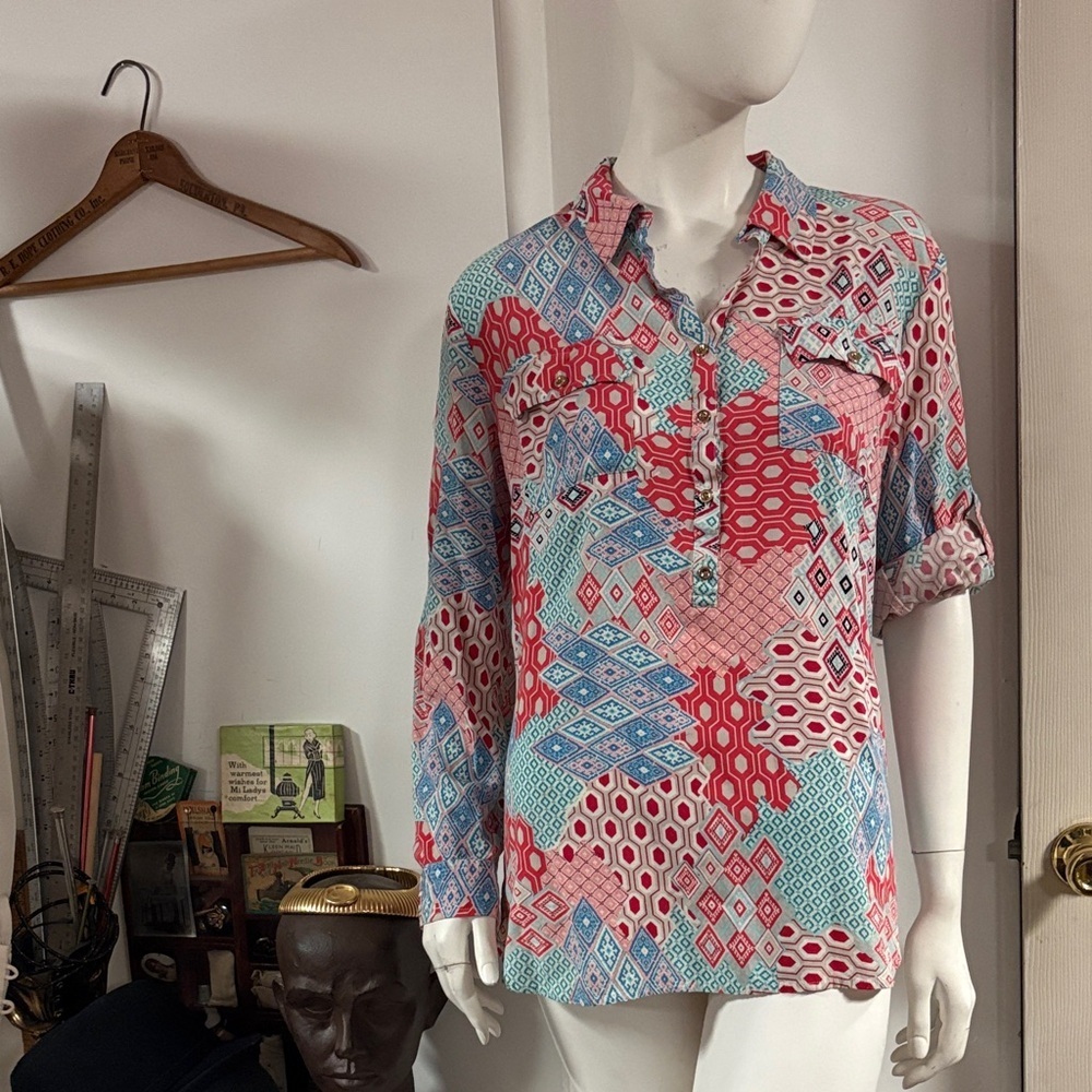Talbots Colorful Geometric Print Blouse Size Large